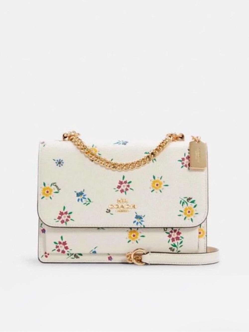 *Rare* Coach White Floral Leather Shoulder Bag with Gold Chain